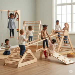 Several children actively engaging with a complete set of Montessori climbing toys in a playroom, demonstrating their versatility and fun.