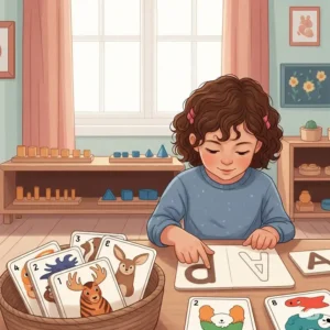  An illustration highlighting language Montessori materials, such as sandpaper letters and picture cards, accessible to a child in a little room setting.