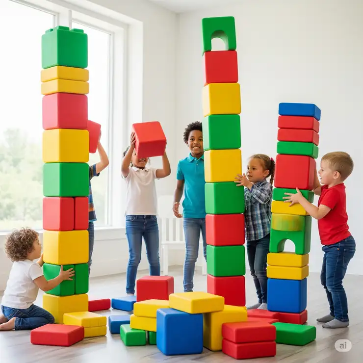 Oversized building blocks for kids to lift and stack, promoting gross motor skills and creative construction.