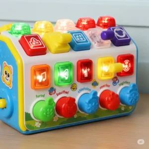 A vibrant light-up switch box with various buttons and levers, each activating a different light or sound, perfect for exploring cause and effect with young children.
