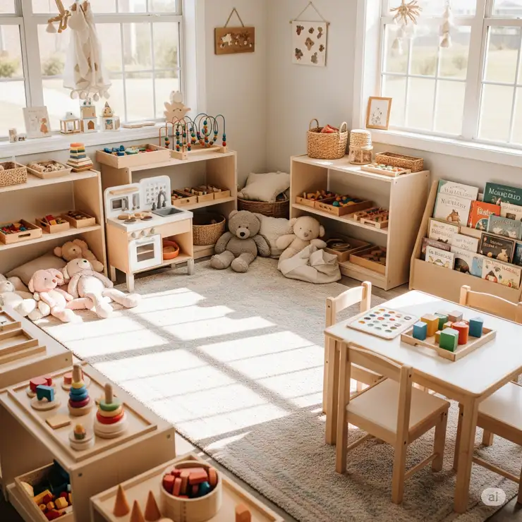 A cozy little room filled with a variety of carefully arranged Montessori toys for toddlers and young children, promoting independent play and learning. little room montessori toys