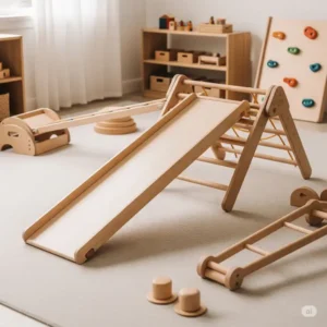 Adjustable wooden climbing ramp with a smooth slide on one side, compatible with Montessori climbing toys for varied play experiences.