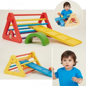  A colorful wooden Montessori climbing toy set, featuring a Pikler triangle, arch, and ramp, perfect for toddlers' gross motor skill development.