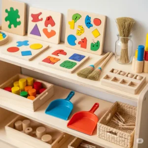  A detailed view of various Montessori learning materials, including puzzles and practical life tools, neatly arranged on a child-friendly toy shelf.