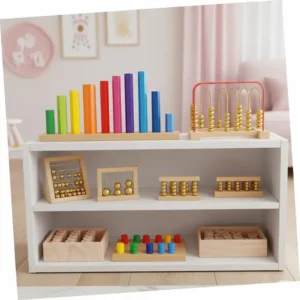  Depiction of early math Montessori toys, including number rods and golden beads, neatly organized on a low shelf in a toddler's little room.