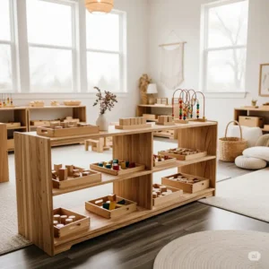 An inviting Montessori playroom featuring a prominent wooden toy shelf, showcasing an uncluttered environment that fosters creativity and concentration.