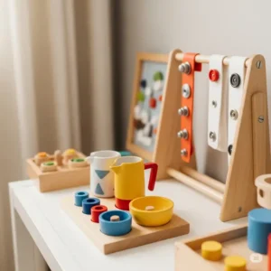 Close-up of practical life Montessori toys, such as a pouring activity and dressing frame, set up in a bright corner of a child's little room.