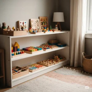 An example of a well-organized Montessori shelf in a little room, showcasing a curated selection of educational toys ready for child-led exploration.