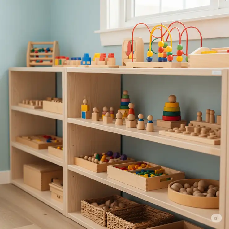 A beautifully organized Montessori toy shelf, displaying a variety of natural wooden toys and educational materials at a child's height, encouraging independent play and learning.