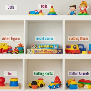 An organized Montessori toy shelf with clear labels, helping children to independently sort and return materials, promoting order and self-sufficiency.