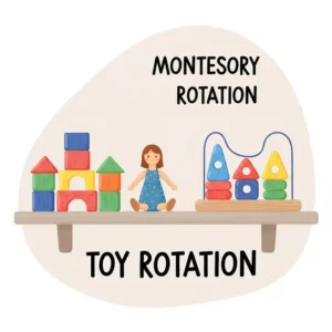 An illustration demonstrating the concept of toy rotation on a Montessori toy shelf, with a few carefully selected toys presented to maintain engagement.