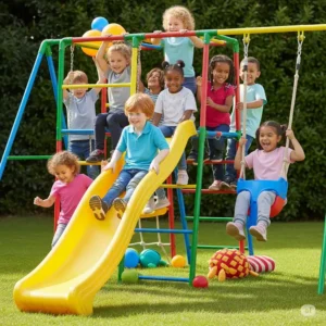Children enjoying an outdoor climbing frame with a slide, engaging in various gross motor skills activities.