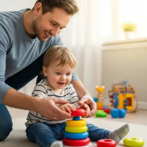 A parent guiding a child as they learn to stack toy rings, emphasizing interactive play and bonding moments.