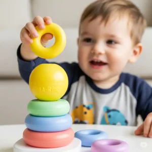 Several colorful rings partially stacked on a stack-a-ring toy, demonstrating progress and encouraging continued play.