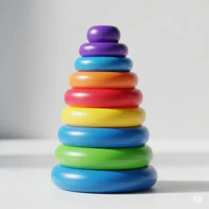 A perfectly assembled stack of toy rings, demonstrating the successful completion of the classic stacking challenge.