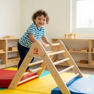 Toddler happily climbing a sturdy wooden Pikler triangle, a classic Montessori climbing toy designed for safe exploration and strength building.