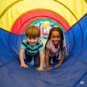 Two children crawling through a play tunnel, enhancing their gross motor skills and coordination.