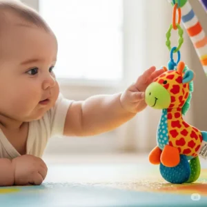  A baby reaching for a soft plush animal rattle, an ideal toy for stimulating during tummy time.