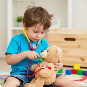 A young child examining a teddy bear with a pretend play doctor kit, including a stethoscope and thermometer.