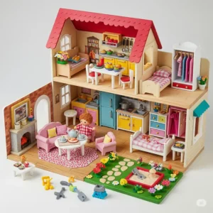 A detailed pretend play dollhouse with miniature furniture, encouraging storytelling and small-world play.