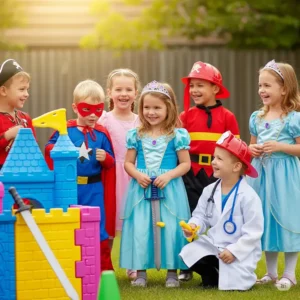 Children laughing and role-playing in various pretend play dress-up costumes, such as a superhero and a princess.