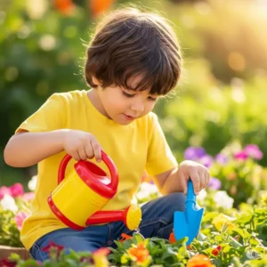 A child in a garden using a pretend play gardening set with a watering can and trowel, nurturing imaginary plants.