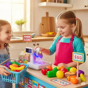 A child operating a pretend play grocery store checkout, scanning play food items for a customer.