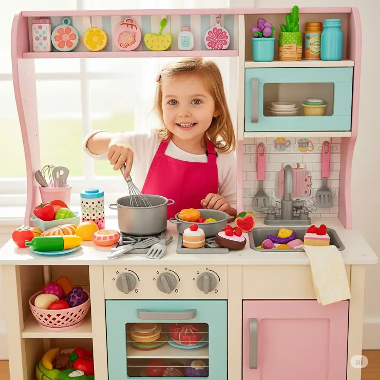 A child happily cooking with a realistic pretend play kitchen set, complete with miniature utensils and play food.