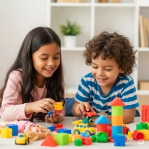 Two happy children engaged in imaginative pretend play with a variety of colorful toys, fostering creativity and social skills.
