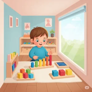 An illustration showing a child engaging with sensory Montessori toys like a sound cylinders set and tactile blocks within a compact little room design.