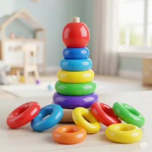  Brightly colored individual rings ready to be stacked on a classic stack-a-ring toy for young children.