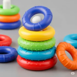 A colorful set of classic stackable toy rings for infants, ideal for developing motor skills and hand-eye coordination.