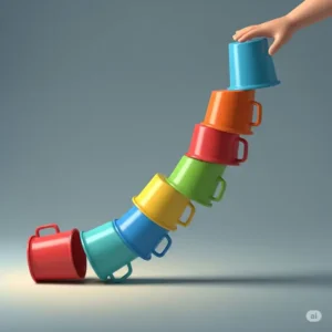 An illustration of a tower of colorful stacking cups toppling over after a gentle push, showing the simple cause and effect of gravity.