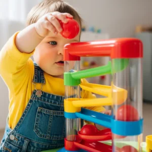 A toddler dropping a ball into an object permanence ball drop toy, tracking its reappearance.