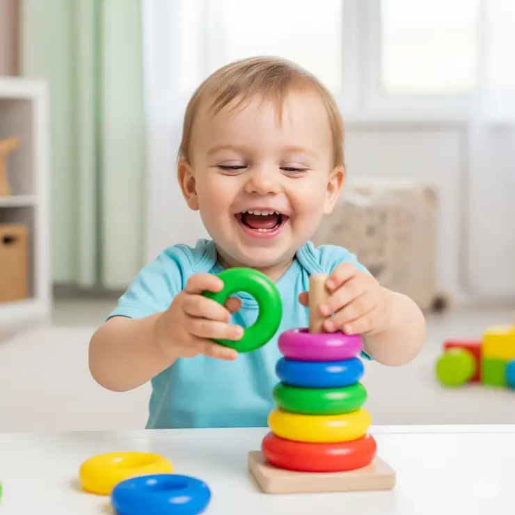 A happy toddler giggling while learning to stack colorful toy rings on a peg, showcasing early developmental play.