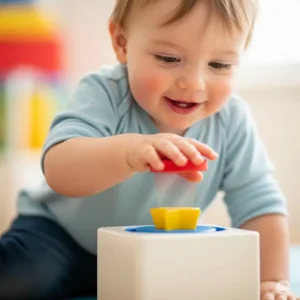 A smiling toddler presses down on a simple push-and-pop cause and effect toy, delighted as a colorful shape springs up.