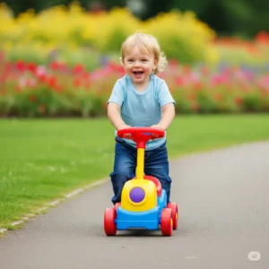 A happy toddler developing gross motor skills while riding a colorful push car toy outdoors.