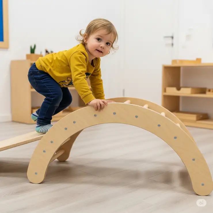 Child navigating a versatile wooden climbing arch, which can also be used as a rocker, an essential part of Montessori climbing furniture.