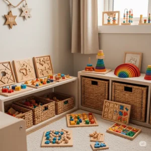 Various natural wooden Montessori toys, including puzzles and stacking toys, displayed in a child-friendly way in a small bedroom or little room.