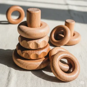 A set of natural, eco-friendly wooden stackable toy rings, perfect for sensory exploration and durable playtime.