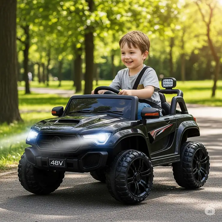Premium 48V ride-on toy for kids with working headlights and realistic engine sounds, perfect for outdoor adventures.