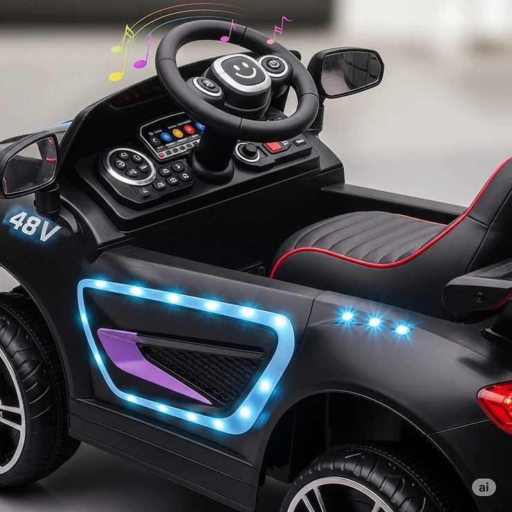 Modern 48V ride-on toy featuring vibrant LED lights, a built-in music player, and comfortable seating.