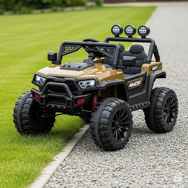 48V ride-on toy confidently navigating various terrains like grass and gravel, showcasing its robust design.