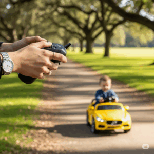 An adult's hands holding a remote control device, guiding a remote operated ride on car in a park.