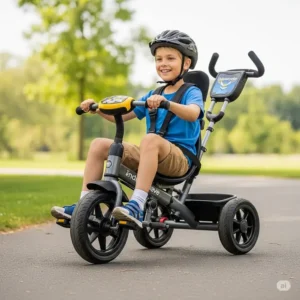 An advanced tricycle designed for older children, with an 8-year-old comfortably riding, offering stability and fun for 8-10 year olds.
