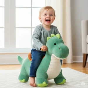 A two-year-old giggling while sitting on a soft, plush ride-on dinosaur toy, perfect for imaginative play and comfort.