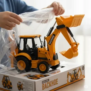 Close-up illustration detailing the functional features of a premium backhoe toy, such as its articulated digging arm and durable rubber tires.