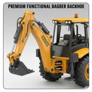 A backhoe toy actively engaged in imaginative construction play, moving colorful building blocks on a playmat.