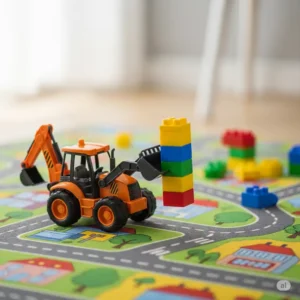 A backhoe toy actively engaged in imaginative construction play, moving colorful building blocks on a playmat