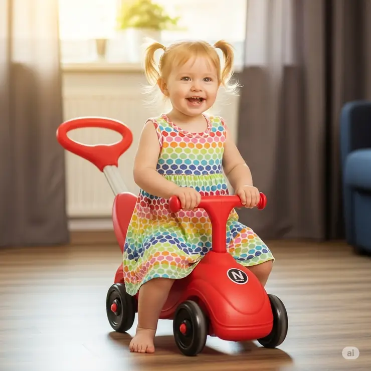 A happy two-year-old girl with pigtails riding a red push-and-scoot ride-on toy indoors, demonstrating the joy and ease of use for toddlers. ride on toys for 2 year olds